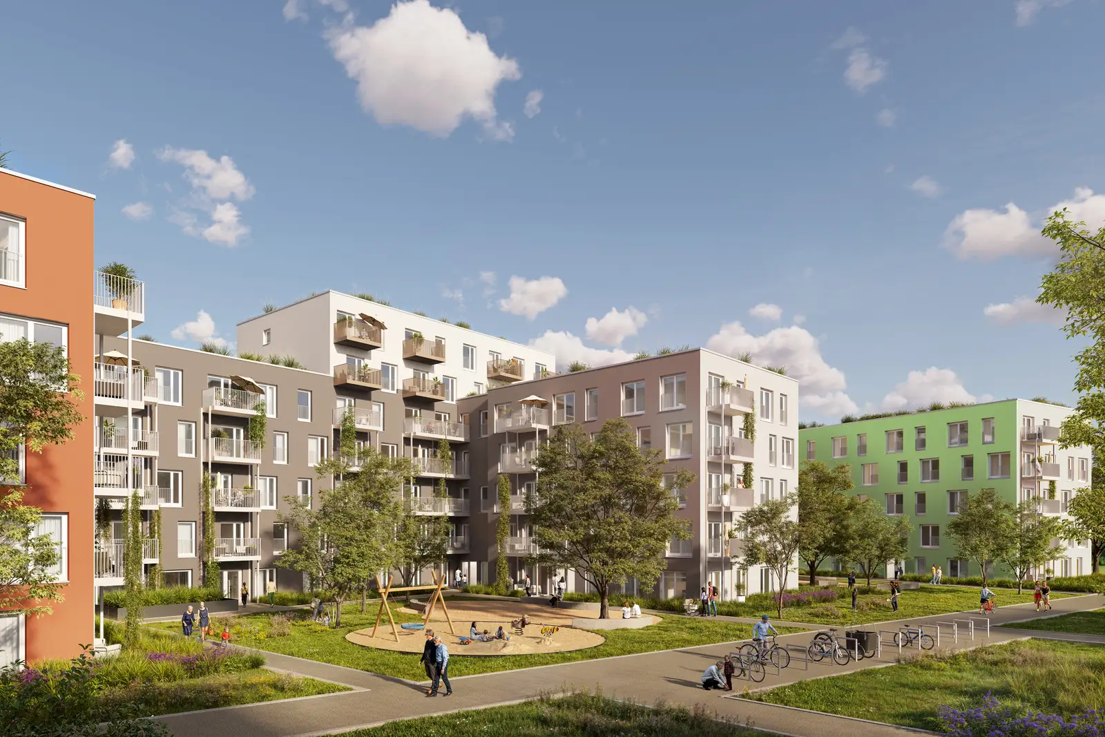 Rendering des Innenhofs im Wohnquartier Das Tann in Nürnberg mit Spielplatz, Fahrradabstellplätzen, Grünflächen, Balkonen und farbigen Wohngebäuden